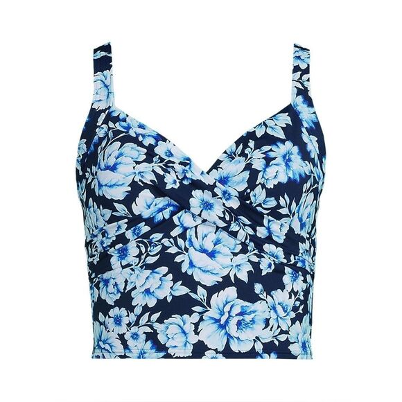 Land’s End Midkini crop V neck wrap bikini top soft cup navy painted floral Var - Picture 1 of 5